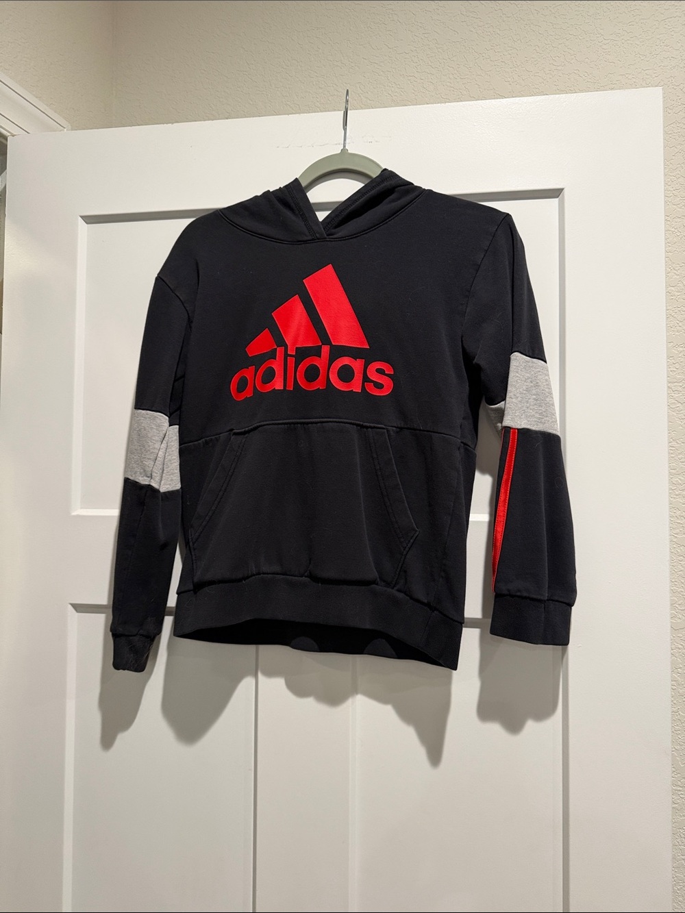 adidas Black Hoodie with Red Logo and Gray Sleeve Panels